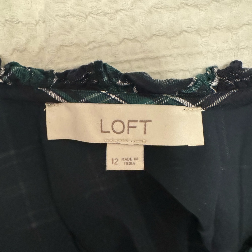 LOFT Plaid Cap Sleeve Flounce Dress Green/Navy Size 12 - Picture 3 of 9